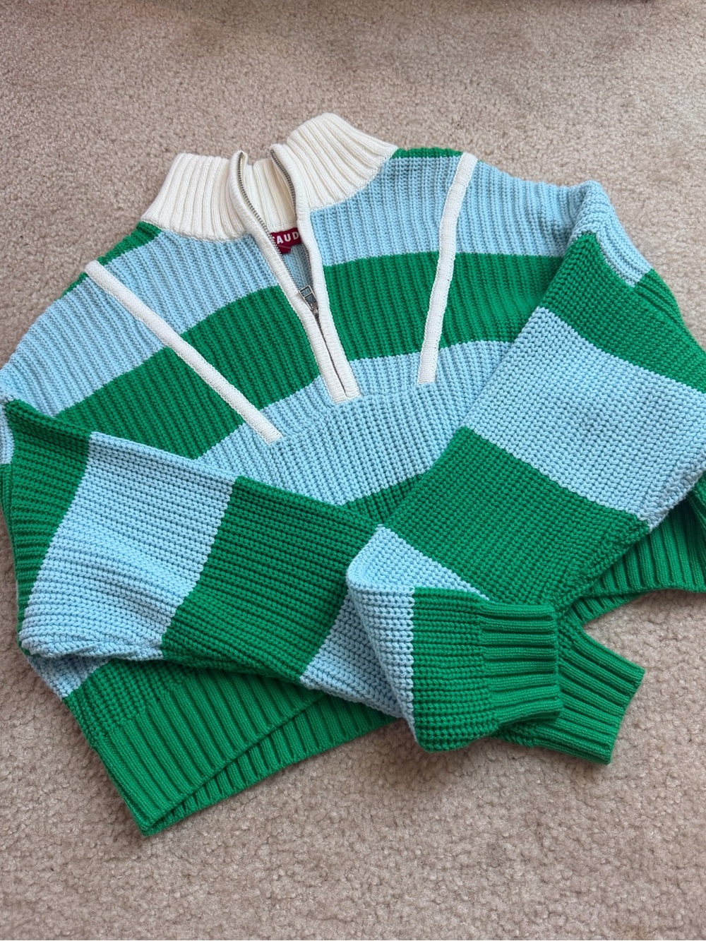 Staud Green & Light Blue Striped Half-Zip Sweater